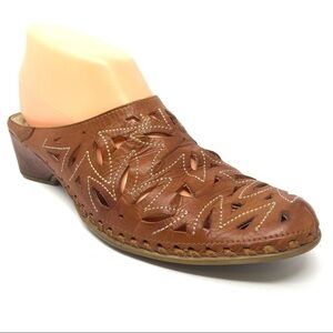 Pikolinos  Brown Leather Mules Floral Laser Cut Shoes Slide Clog Spain